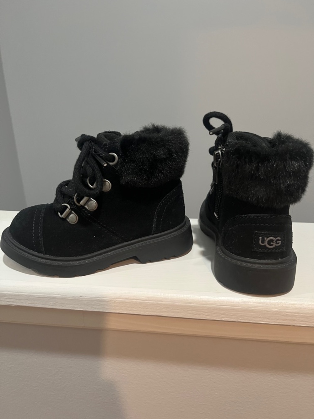 UGG Black Suede Faux-Fur Lace-Up  Boots Toddler Baby Kids 7 boys girls unisex